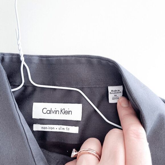 Calvin Klein Mens Slim Fit Dress Shirt Button Non-Iron Stripes Dark Gray Neck15 - Picture 5 of 8
